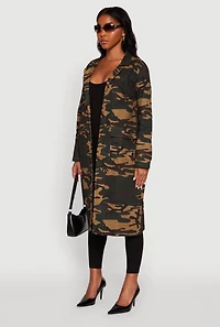 Womens Camouflage Open Front Trench Coat, Green, Size L