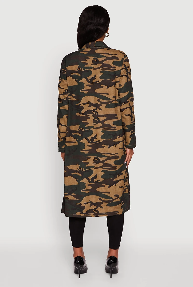 Womens Camouflage Open Front Trench Coat, Green, Size L