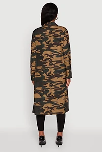 Womens Camouflage Open Front Trench Coat, Green, Size L