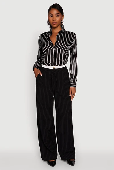 Womens Trendy Satin Striped Long Sleeve Shirt, Black, Size M