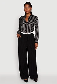 Womens Trendy Satin Striped Long Sleeve Shirt, Black, Size M
