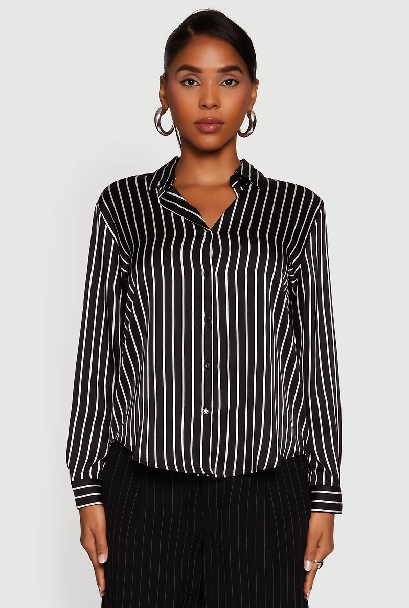 Womens Trendy Satin Striped Long Sleeve Shirt, Black, Size M