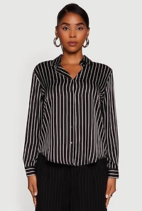 Womens Trendy Satin Striped Long Sleeve Shirt, Black, Size M