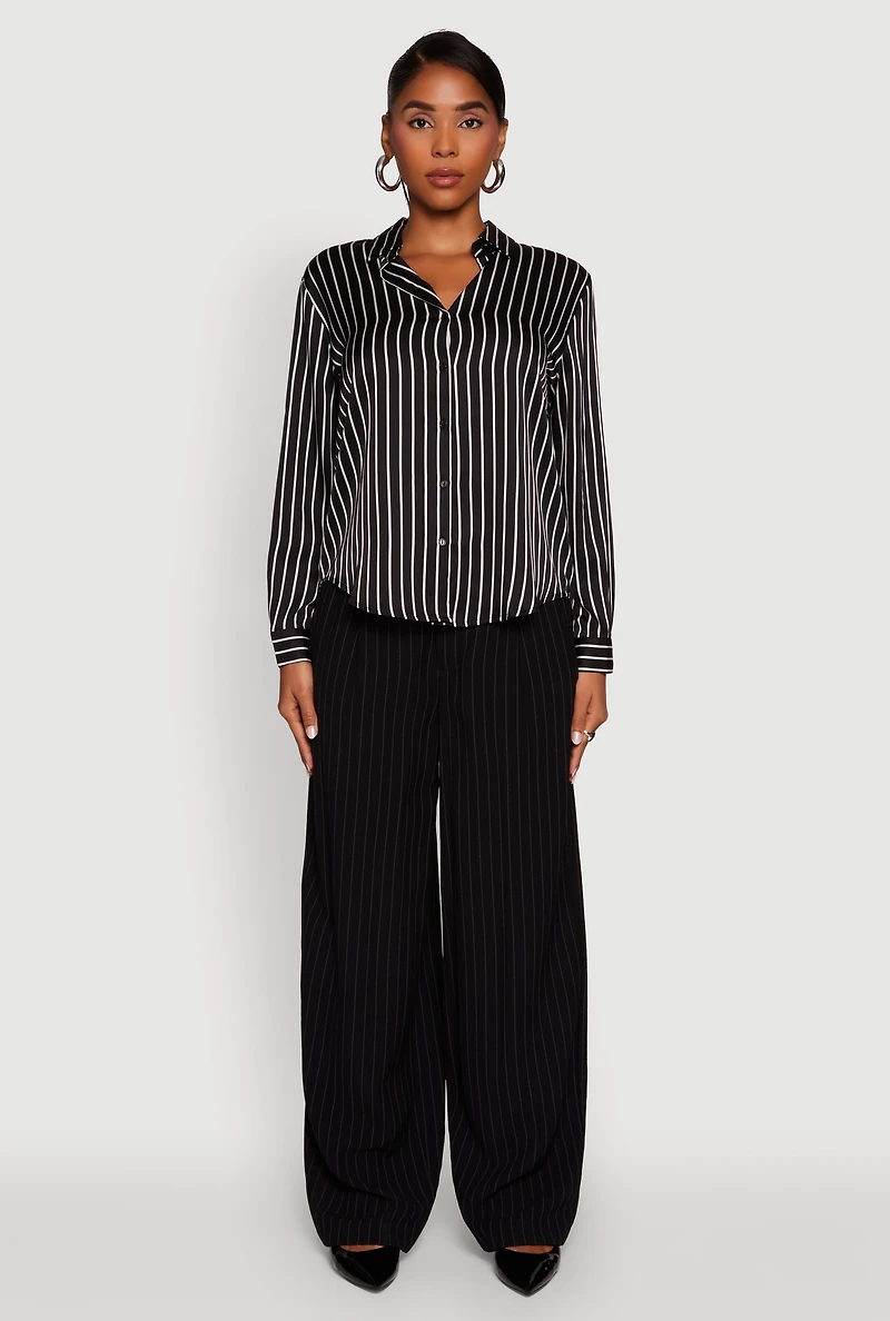 Womens Trendy Satin Striped Long Sleeve Shirt, Black, Size M