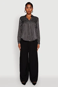 Womens Trendy Satin Striped Long Sleeve Shirt, Black, Size M