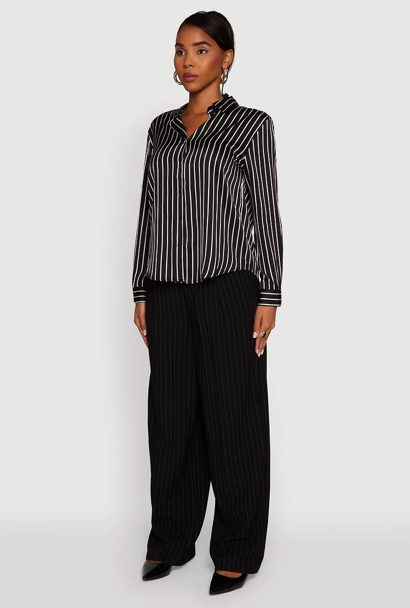 Womens Trendy Satin Striped Long Sleeve Shirt, Black, Size M