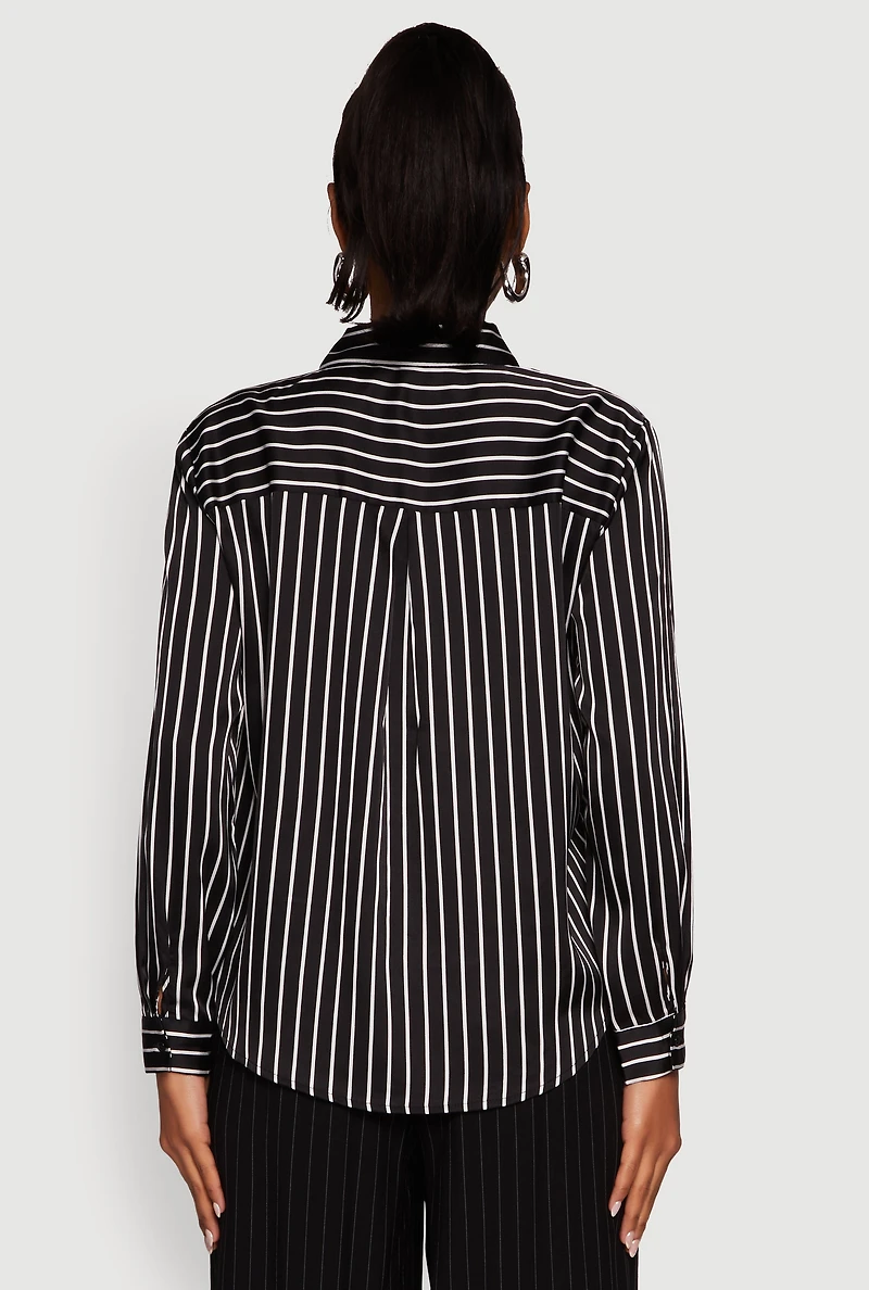 Womens Trendy Satin Striped Long Sleeve Shirt, Black, Size M