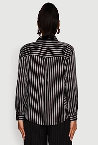 Womens Trendy Satin Striped Long Sleeve Shirt, Black, Size M