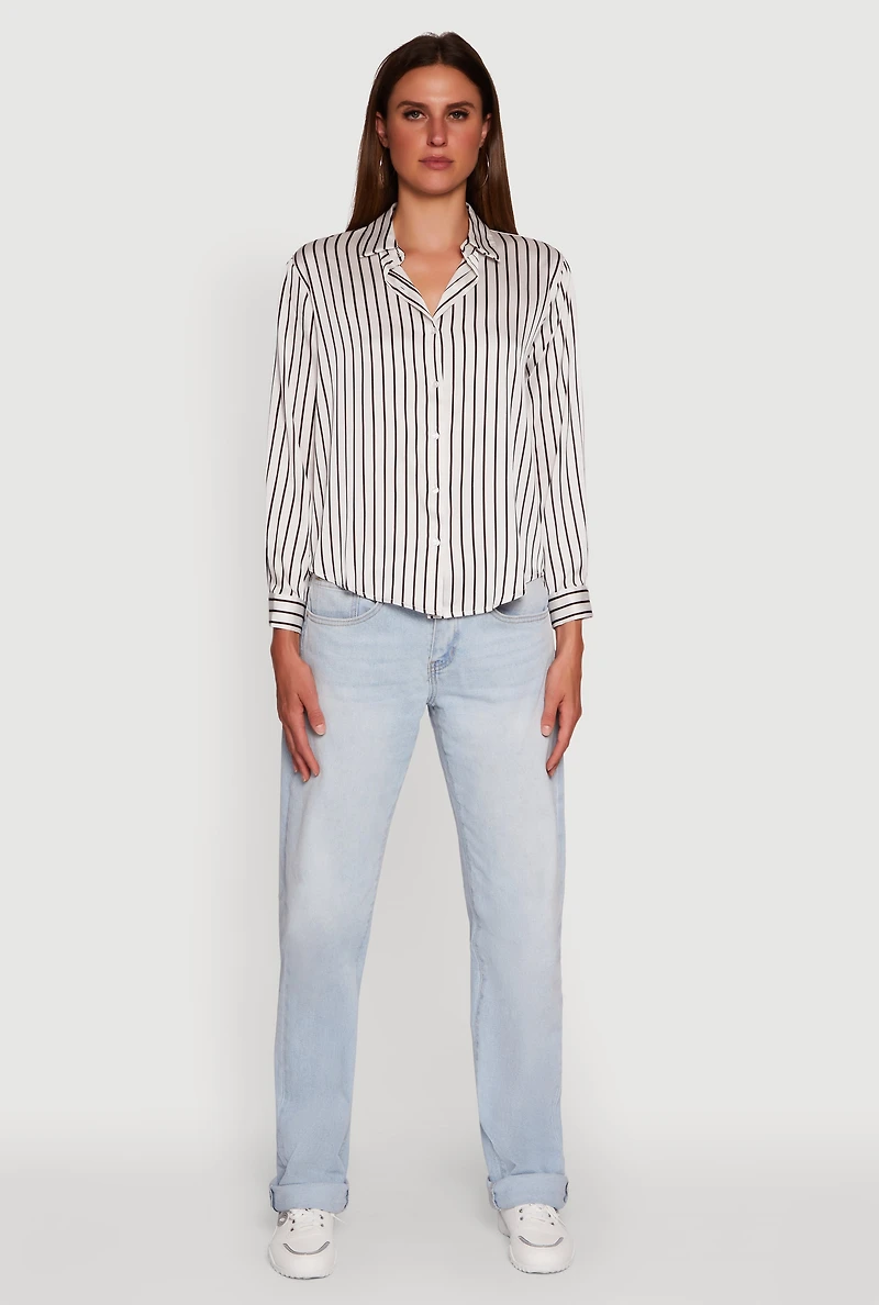 Womens Trendy Satin Striped Long Sleeve Shirt,