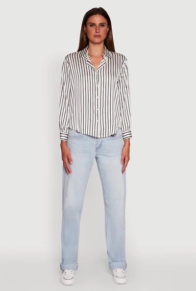 Womens Trendy Satin Striped Long Sleeve Shirt, Multi, Size L
