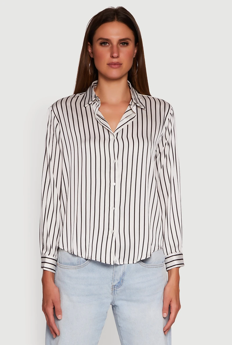 Womens Trendy Satin Striped Long Sleeve Shirt,