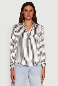 Womens Trendy Satin Striped Long Sleeve Shirt,