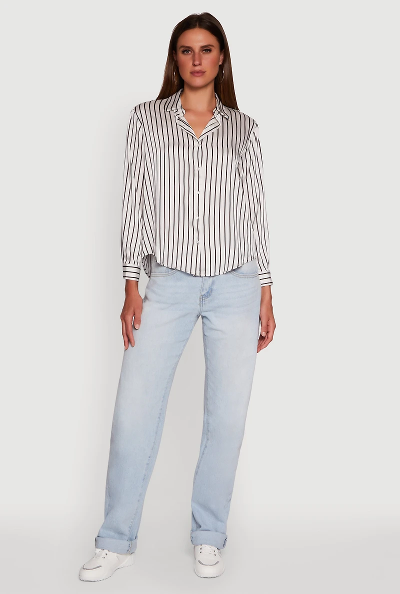 Womens Trendy Satin Striped Long Sleeve Shirt,