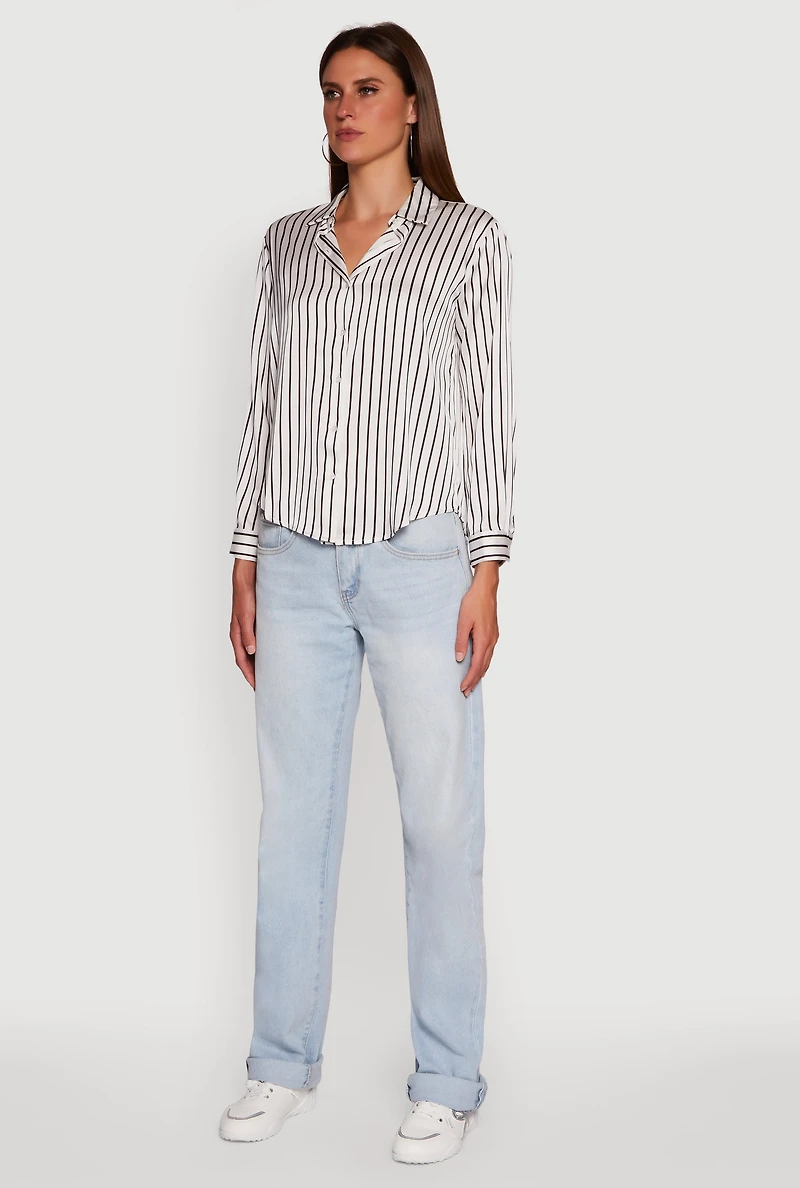 Womens Trendy Satin Striped Long Sleeve Shirt,