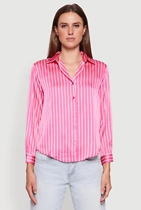 Womens Trendy Satin Striped Long Sleeve Shirt, Pink, Size L