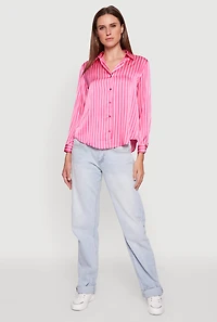 Womens Trendy Satin Striped Long Sleeve Shirt, Pink, Size L