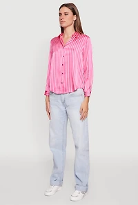 Womens Trendy Satin Striped Long Sleeve Shirt, Pink, Size L
