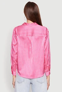 Womens Trendy Satin Striped Long Sleeve Shirt, Pink, Size L