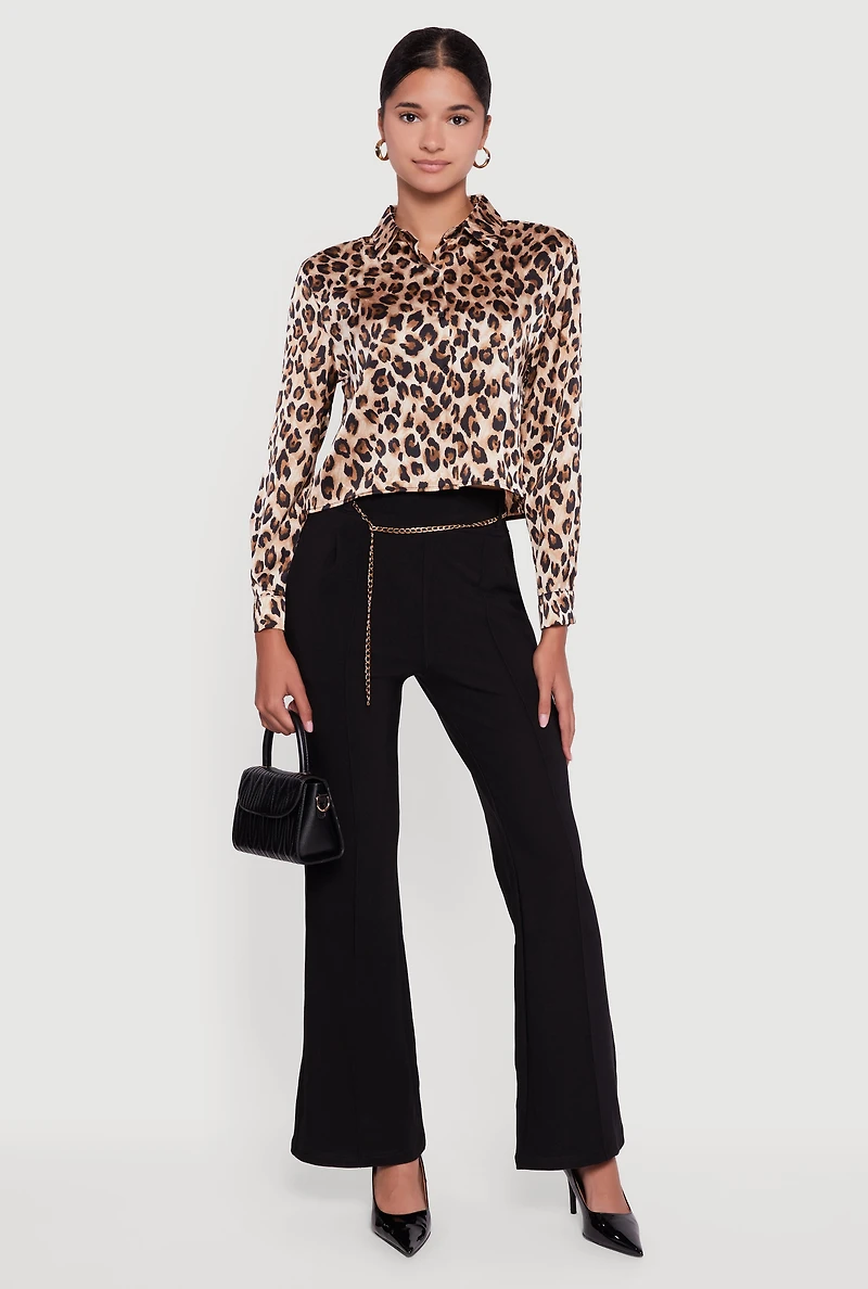 Womens Leopard Print Satin Cropped Button Front Shirt, Brown, Size M