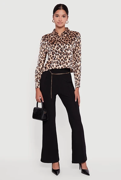 Womens Leopard Print Satin Cropped Button Front Shirt, Brown, Size M