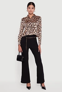 Womens Leopard Print Satin Cropped Button Front Shirt, Brown, Size M