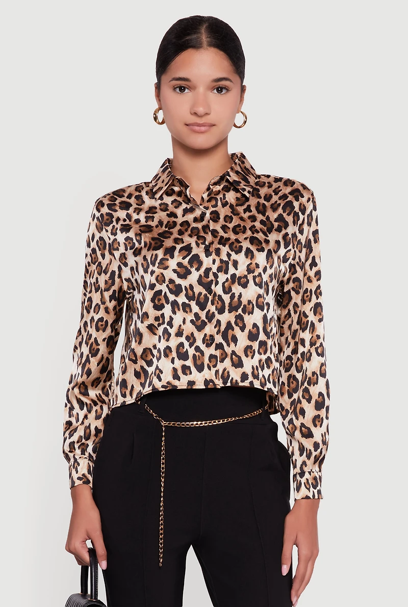 Womens Leopard Print Satin Cropped Button Front Shirt, Brown, Size M