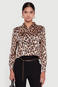 Womens Leopard Print Satin Cropped Button Front Shirt, Brown, Size M