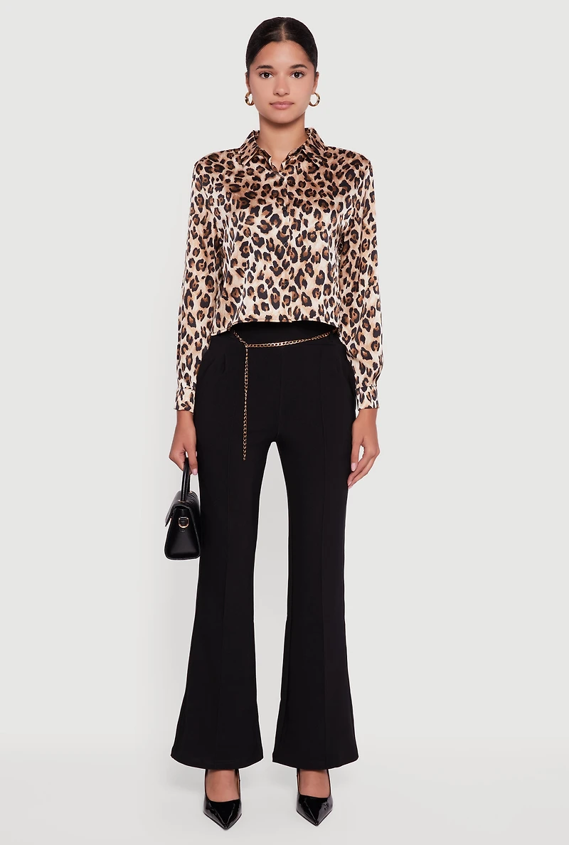Womens Leopard Print Satin Cropped Button Front Shirt, Brown, Size M