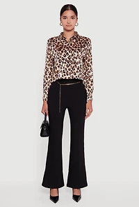 Womens Leopard Print Satin Cropped Button Front Shirt, Brown, Size L
