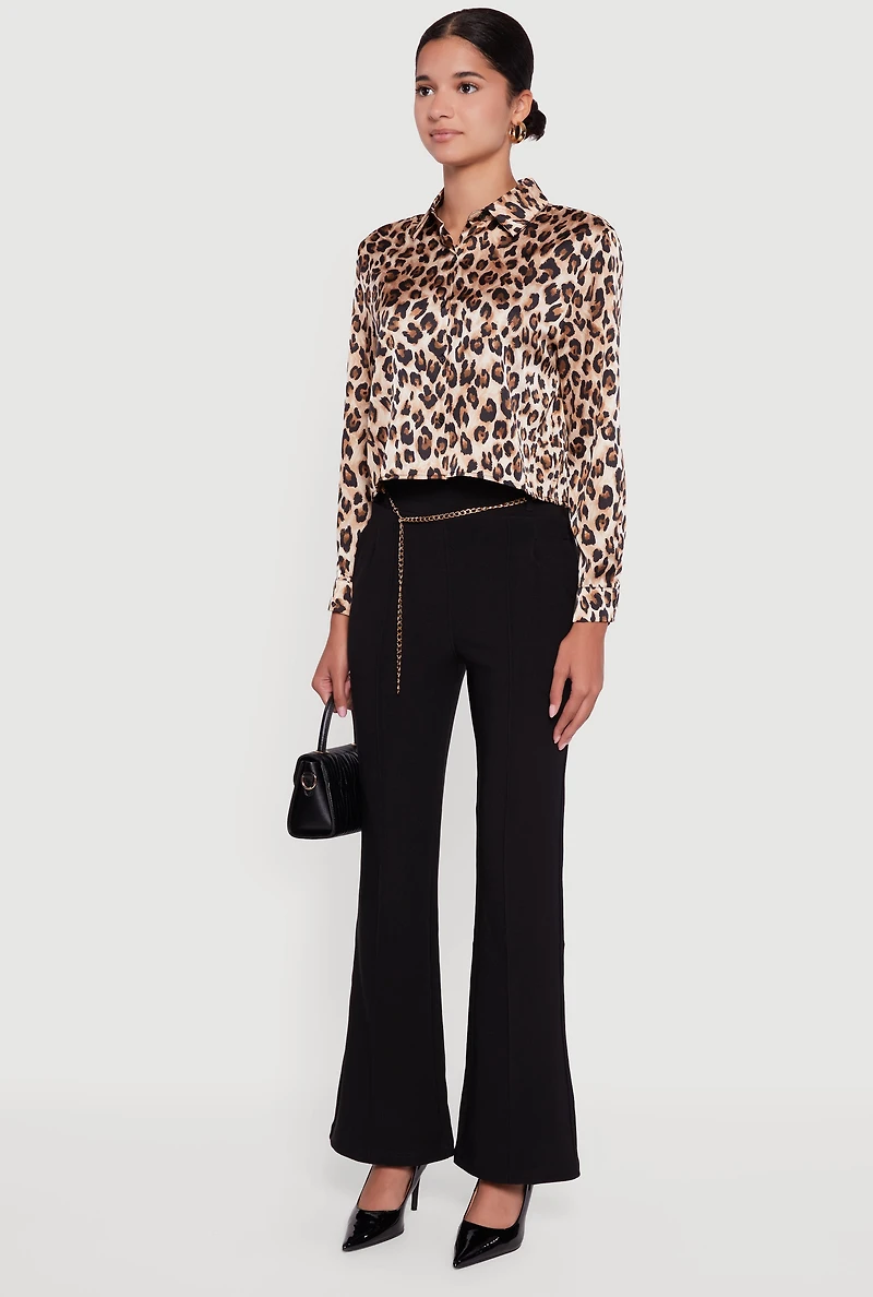 Womens Leopard Print Satin Cropped Button Front Shirt, Brown, Size M