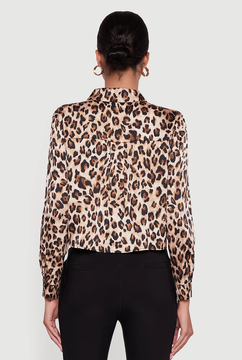 Womens Leopard Print Satin Cropped Button Front Shirt, Brown, Size L