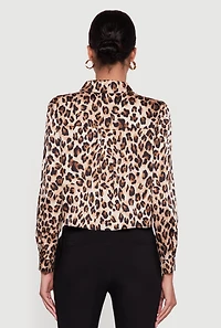 Womens Leopard Print Satin Cropped Button Front Shirt, Brown, Size L