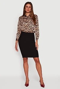 Womens Leopard Print Satin Button Front Shirt, Brown, Size S