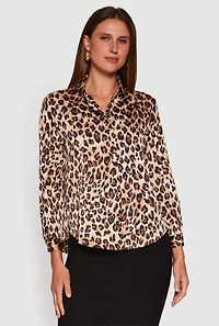 Womens Leopard Print Satin Button Front Shirt, Brown, Size S