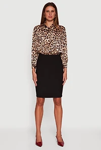 Womens Leopard Print Satin Button Front Shirt, Brown, Size S