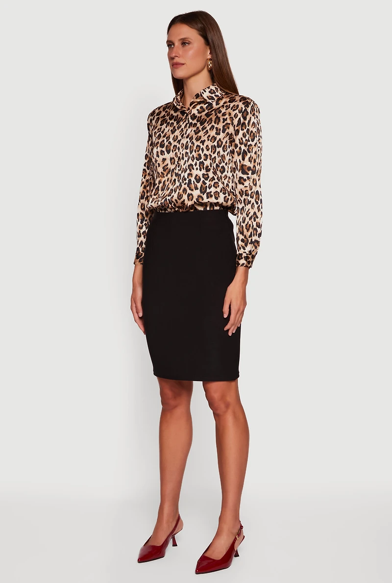 Womens Leopard Print Satin Button Front Shirt, Brown, Size S