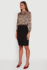 Womens Leopard Print Satin Button Front Shirt, Brown, Size S