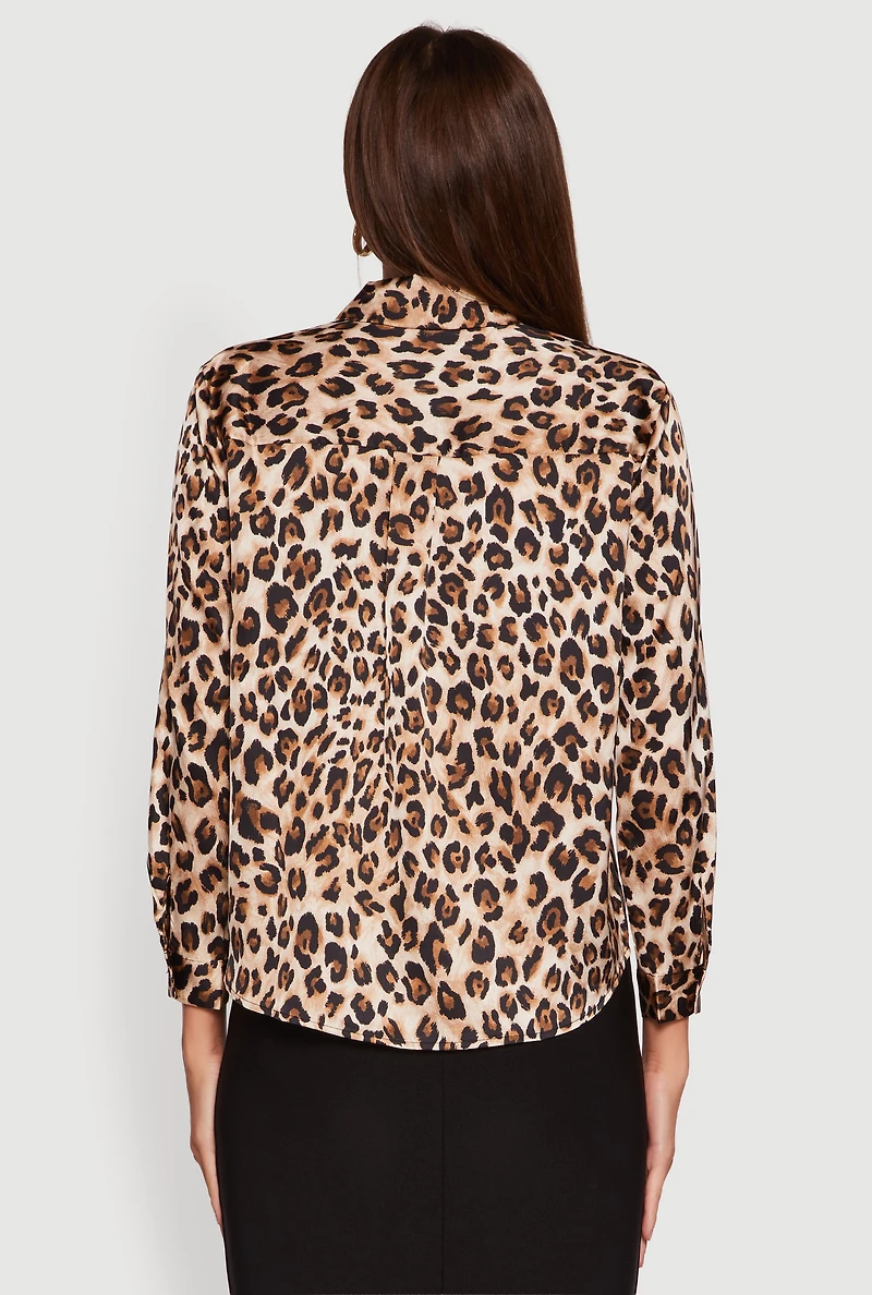 Womens Leopard Print Satin Button Front Shirt, Brown, Size S