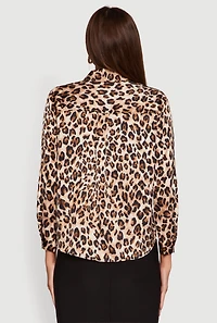 Womens Leopard Print Satin Button Front Shirt, Brown, Size S