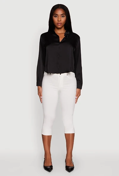 Womens Satin Long Sleeve Shirt, Black, Size S