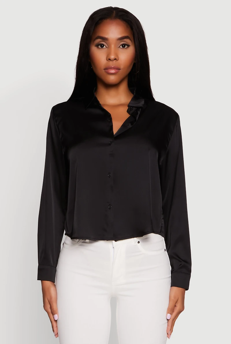 Womens Satin Long Sleeve Shirt, Black, Size S