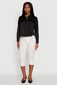 Womens Satin Long Sleeve Shirt, Black, Size S