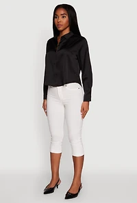 Womens Satin Long Sleeve Shirt, Black, Size S