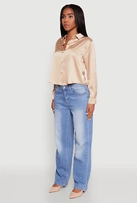 Womens Satin Long Sleeve Shirt, Beige, Size L