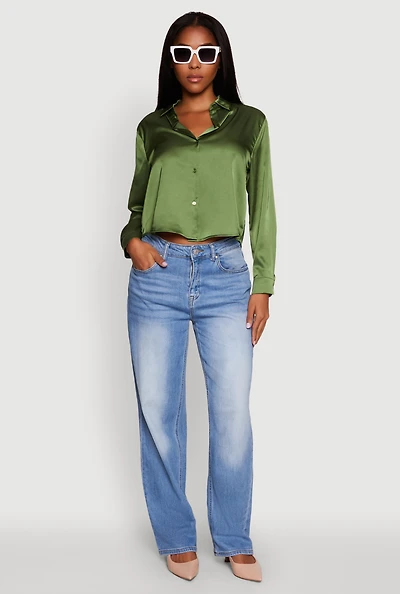 Womens Satin Long Sleeve Shirt, Green, Size M