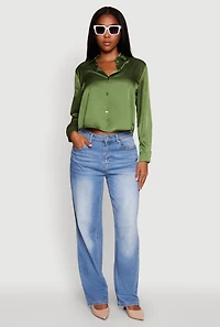 Womens Satin Long Sleeve Shirt, Green, Size M