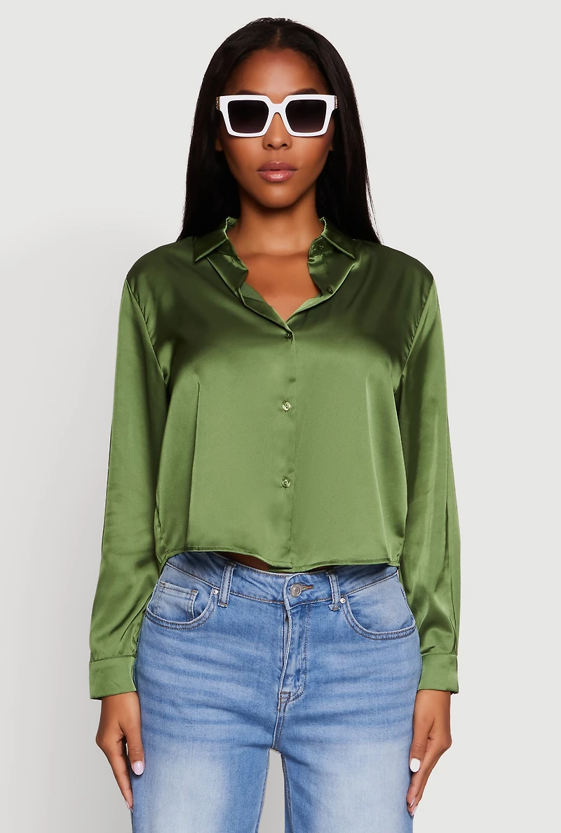 Womens Satin Long Sleeve Shirt, Green, Size M