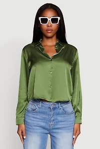 Womens Satin Long Sleeve Shirt, Green, Size M