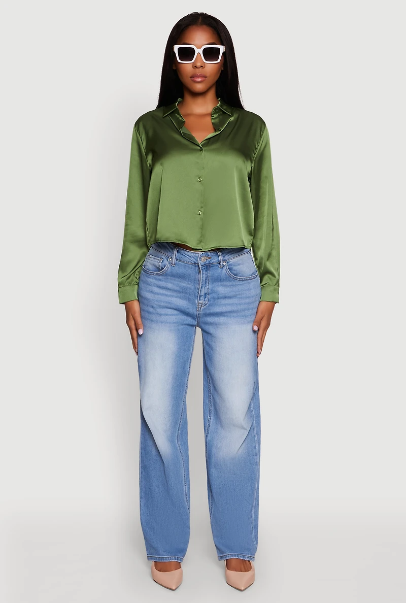 Womens Satin Long Sleeve Shirt, Green, Size M