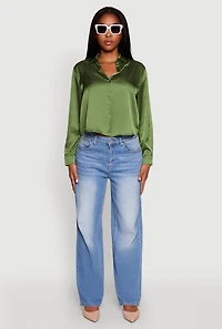 Womens Satin Long Sleeve Shirt, Green, Size M